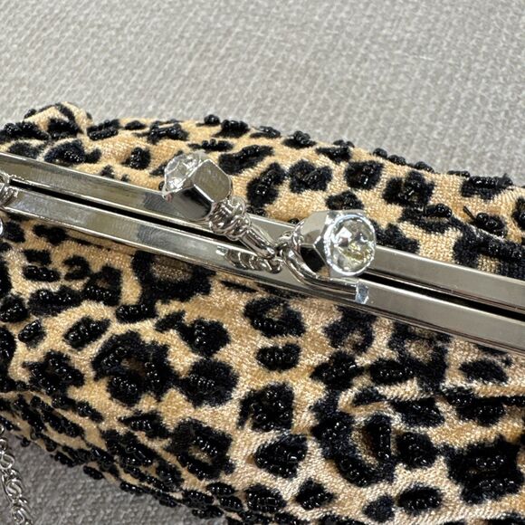 Vintage 90s Leopard Velvet Beaded Purse Chain Strap Evening Handbag Party Clutch - Picture 3 of 9